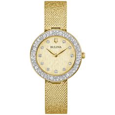 Step into the golden age of glitz and glamour with the luxuriously appointed Bulova women's Champagne Crystal timepiece. Meticulously set with 103 dazzling Austrian crystals, the gold-tone stainless steel case's bezel conjures the effervescence of champagne, while the glittering gold-tone fine mesh strap shimmers with sophistication and offers unrivaled comfort with its adjustable sliding buckle. The brilliant champagne dial is no less spectacular, with a refined texture, 11 crystal hour markers Evening Yellow Gold Diamond Watch, Gold Diamond Jewelry And Watches For Evening, Evening Diamond Watch With Yellow Gold Accents, Gold Diamond Watch For Evening, Elegant Watches With Diamond Accents And Round Dial, Elegant Diamond Watch With Brilliant Cut And Round Dial, Gold Evening Watches With Diamond Accents, Gold Watches With Diamond Accents For Evening, Elegant Brilliant Cut Diamond Watch