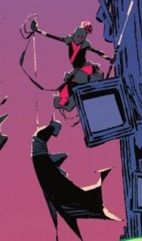 an animated image of batman and robin wayne hanging from the side of a tall building