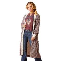 For everywhere and every wear, this lightweight layer brings a little color wherever it goes. We like ballooning the sleeves with the ribbed cuffs, and pairing it with our favorite t-shirt, denim, and booties. Mesquite Kimono Duster | Product Features : 0 : Allover print|Ribbed cuffs | Women's Mesquite Kimono Duster in Foulard 65% Rayon, 35% Viscose. Rayon blend. Imported, Size: S/M by Ariat Cute Blazers, Kimono Duster, Viscose Rayon, Oversized Cardigan, Sweater Fashion, Dressed Down, Jacket Style, Western Fashion, All Over Print