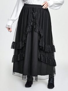 Plus Size Elastic Waist Layered Ruffles Lace Mesh Black Mid-Length Skirt Black Casual   Mesh Fabric Plain Asymmetrical Medium Stretch  Women Plus Clothing, size features are:Bust: ,Length: ,Sleeve Length: Spring Costume Party Skirt With Ruffles, Gothic Skirted Bottoms With Ruffled Skirt, Gothic Style Tiered Flowy Skirt, Gothic Tiered Flowy Skirt, Gothic Flowy Tiered Skirt, Gothic Ruffled Skirt, Black Flared Maxi Skirt With Ruffles, Long Skirt With Ruffle Hem, Black Voluminous Maxi Skirt With Ruffles