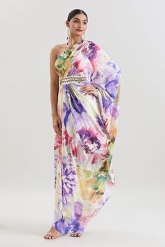 Multi colored one shoulder padded kaftan with abstract floral prints and pipes, coins embroidered patch. - Aza Fashions Multicolor Floral Print Saree For Reception, Multicolor Floral Print Pre-draped Saree For Party, Traditional Drape Multicolor Kaftan For Wedding, Elegant Multicolor Pre-draped Saree With Printed Motifs, Multicolor Silk Saree For Spring, Spring Party Saree With Floral Print, Spring Wedding Multicolor Kaftan, One Shoulder Kaftan, Mithila Palkar