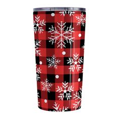 a red and black plaid christmas tumbler with snowflakes on the side, sitting in front of a white background