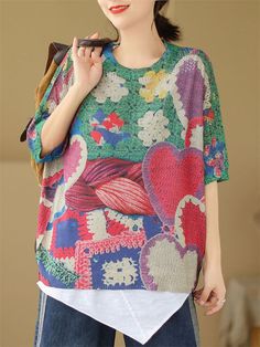 Description Product ID: TP2051782 Material: Cotton Pattern: Print Closure: Pullover Sleeve: Short Sleeve Season: Summer Style: Fashion, Casual Occasion: Daily, Park, Picnic Package included 1 * Shirt Size Chart (Asian Size) Please allow 1-3 cm measured error. Size Length Chest One Size 62cm | 24.4 in 114cm | 44.9 in Multicolor Short Sleeve Knit Top For Spring, Spring Heart Print Crew Neck Tops, Multicolor Short Sleeve Knit Top For Summer, Casual Multicolor Short Sleeve Knit Top, Casual Multicolor Crew Neck Knit Top, Trendy Multicolor Short Sleeve Knit Top, Trendy Knit Tops With Heart Print, Casual Oversized Heart Print Tops, Oversized Heart Print Casual Tops