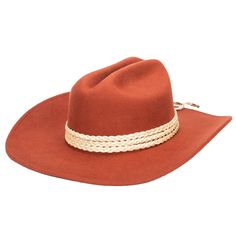 A chic western-inspired rancher cowboy hat featuring a cattleman crease crown. Add some flame to every festival and concert you are planning this year with a hat that will do all the talking fo you. Triple braided wrap trim and the back western concho adds more to the flair. ? Features : Brim Size: 3.75" 100% wool Color: Rust Women's one size ( 57 cm, 22.5 inches) Adjustable internal drawstring for a tighter fit Triple braided wrap trim with back western concho Western Concho Hat Bands For Rodeo, Southwestern Wide Brim Felt Hat For Western-themed Events, Adjustable Western Hat Bands For Fall, Country Style Concho Hat Band For Rodeo, Western Hats For Ranch, Southwestern Felt Hat With Short Brim For Ranch, Western Style Fedora For Country Events, Southwestern Concho Hat For Rodeo, Western Straw Hat With Curved Brim For Rodeo