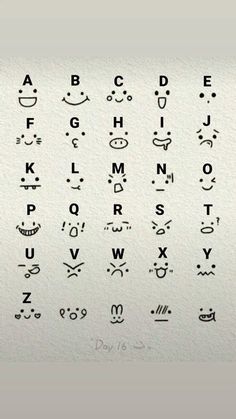 the letters and numbers are drawn with black ink on white paper, as well as smiley faces