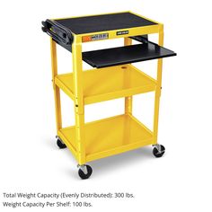 a yellow utility cart with black top and wheels on the bottom shelf is shown in front of a white background