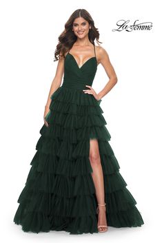 La Femme 32086 Ruffle tiered a-line ball gown with a unique ruched bodice and lace up back. Back zipper closure. Ruffled Prom Dress, Tiered Prom Dress, Ruffle Prom Dress, Voluminous Skirt, Tulle Balls, Elegant Ball Gowns, Tulle Material, Dress Display, Princess Sleeves