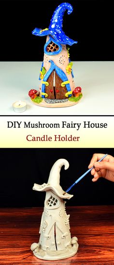 two pictures with the words diy mushroom fairy house and candle holder next to each other