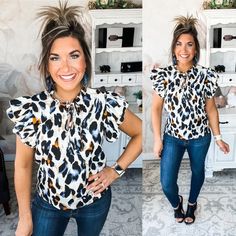 For the trendsetters, the go-getters, and all of us who aim to be good: this one's for you. Step into your power with our We're Going to Be Good Blouse. With a leopard print and sophisticated ruffle shoulder, it’s perfect for rocking the boardroom or a night out. Create a flattering silhouette with its tie front closure or loosen it up and pair with high waisted jeans for your next casual look. Wherever life takes you, make sure you do it in style with this classic blouse. 100% Polyester Want to Step Into Your Power, Rachel Clark, Classic Blouse, Classic Blouses, Church Outfits, High Waisted Jeans, All Of Us, Trend Setter, Are You The One