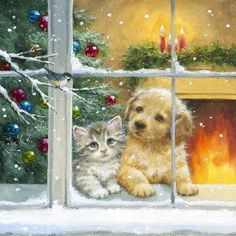 a painting of a dog and kitten sitting in front of a window with christmas decorations