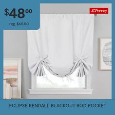 an advertisement for the eclipse kendal blackout rod pocket window valance, $ 48 00