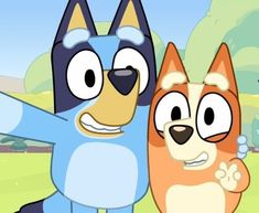 two cartoon cats standing next to each other in front of a tree and sky background