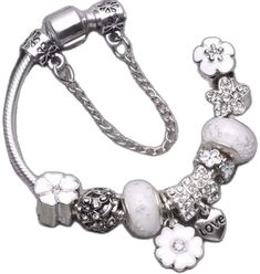 Trendy White Alloy Bracelet, Trendy White Alloy Bracelets, White Adjustable Alloy Charm Bracelet, White Alloy Charm Bracelet As Gift, Trendy White Charms As A Gift, Trendy White Charms For Gifts, Trendy Alloy Jewelry With Charms, Friendship Jewelry With Removable Charms, White Metal Jewelry With Flower Charm