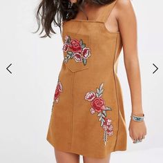 Boohoo Embroidered Faux Suede Jumper Dress With Floral Appliqus | Size Us 10 Never Worn - New With Tags Bust: Waist: Hips: Overall Length: Embroidered Mini Dress For Fall, Floral Embroidered Mini Dress For Fall, Fall Mini Dress With Floral Embroidery, Fall Floral Embroidered Mini Dress, Fall Floral Embroidery Mini Dress, Casual Fitted Embroidered Dress For Fall, Sparkly Short Dress, Tan Mini Dress, Ruffle Bottom Dress