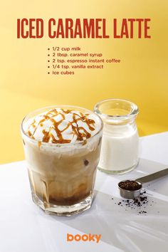 an advertisement for iced caramel latte on a table