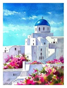 watercolor painting of a white church with blue dome and pink flowers in the foreground