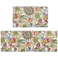 two place mats with colorful flowers and leaves on them, one has a white background