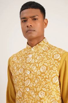 Shop for Dhruv Vaish Yellow Raw Silk Thread Embroidered Jawahar Jacket for Men Online at Aza Fashions Cotton Nehru Jacket With Cutdana For Festivals, Cotton Nehru Jacket With Zari Work For Festivals, Diwali Nehru Jacket With Printed Motifs In Chanderi, Diwali Chanderi Nehru Jacket With Printed Motifs, Diwali Printed Chanderi Nehru Jacket, Designer Nehru Jacket With Printed Motifs For Festivals, Nehru Jacket With Printed Motifs For Festivals, Festival Nehru Jacket With Printed Motifs, Unstitched Nehru Jacket With Printed Motifs For Festivals