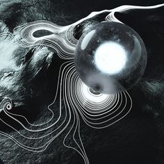 an abstract black and white photo with a sphere in the center, surrounded by swirling lines