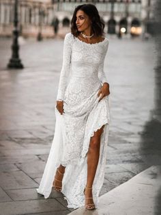 The Sales Rack-Mermaid Bridal Dress Long Sleeve Lace Backless Boho Style - A Thrifty Bride Shop Boho Wedding Dress With Sleeves, Long Sleeve Bridal Gown, Modest Wedding Gowns, Boho Mode, Gaun Fashion, Back Wedding Dress, Charlotte Casiraghi, Lace Bridal Gown, Long Sleeve Wedding