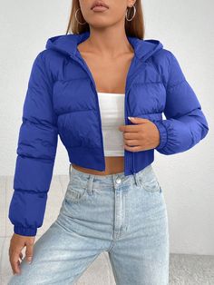 Zip Up Crop Hooded Puffer Black Coat Blue   Long Sleeve Woven Fabric  Puffer Non-Stretch  Women Clothing, size features are:Bust: ,Length: ,Sleeve Length: Outerwear Women Winter, Fuzzy Coat, Padded Coat, Warm Jacket, Winter Coats Women, Inspiration Mode, Clothing Size Chart, Womens Clothing Sizes, Girls Jacket