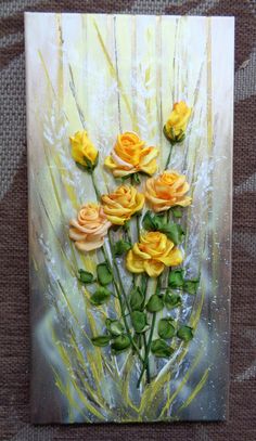 a painting of yellow flowers on a white and gray background with green stems in the center