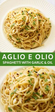 spaghetti with garlic and oil is on a white plate, next to an image of the pasta