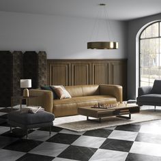 a living room with black and white checkered flooring