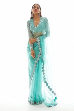 Shop for Vvani by Vani Vats Green Georgette Organza Saree With Blouse for Women Online at Aza Fashions Blue Net Saree, Organza Saree With Blouse, Soft Embroidery, Sky Blue Saree, Vani Vats, Mirror Work Saree, Cotton Lehenga, Embroidered Saree, Net Saree