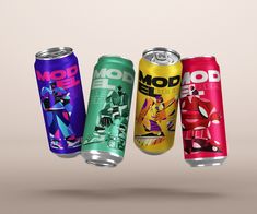 four different types of soda cans in various colors