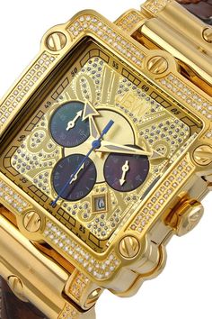 Styles #: JB-6215-238-A. Series: PHANTOM. Gender: Men's. Dial Color: Gold with 238 diamonds (2.38 ctw). Strap Material: Leather. Case Material: 18K gold plated stainless steel. Movement: Highest Standard Quartz Chronograph Movement. Crystal: Mineral. Closure: Buckle. Case Diameter: 46mm. Case Thickness: 19mm. Water Resistance: 165 feet (50 M). Strap Length: 8.5 ". Battery. Box included. ImportedPlease note: Diamond weight may not be exact.Orders cannot be shipped to Canada, Puerto Rico, APO, FPO Luxury Diamond Chronograph Watch With Metal Dial, Gold Diamond Watch With Chronograph And Rectangular Dial, Luxury Rectangular Dial Diamond Analog Watch, Luxury Square Watch With Diamond Hour Markers, Luxury Chronograph Watch Accessories, Luxury Rectangular Diamond Watch With Subdials, Star Watch, Brown Diamond, Diamonds And Gold