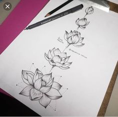 a drawing of three flowers on paper next to a pencil and marker with the words lotus written in it