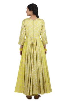 Shop for Seema Nanda Yellow Chanderi Silk Preet Printed Anarkali Set for Women Online at Aza Fashions Yellow Anarkali, Printed Anarkali, Printed Embroidery, Embroidered Bodice, Silk Organza, Churidar, Set For Women, Anarkali, Aza Fashion