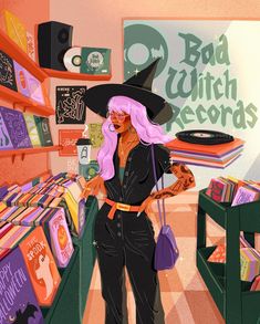 a woman with pink hair wearing a witches hat and carrying a bag in a book store