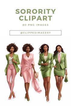 three women in pink and green outfits walking down the street with text that reads, sorority clipart