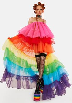 Club Exx Tulle High Low Train Maxi Dress - Rainbow – Dolls Kill Spring Maxi Dress For Costume Party, Summer Costume Party Dresses With Tiered Skirt, Multicolor Tiered Maxi Dress For Party, Multicolor Tulle Skirt Summer Dresses, Summer Rainbow Tulle Dress, Multicolor Tulle Skirt Dresses For Party, Rainbow Tulle Dress For Spring, Spring Rainbow Tulle Dress, Rainbowcore Fashion