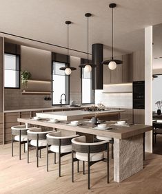 a large kitchen with wooden floors and white chairs