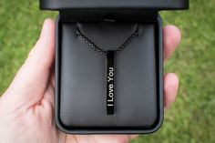 Stainless Steel Vertical Bar Necklace -PRODUCT DETAILS- * Silver or Black Stainless Steel Vertical Bar Pendant *  1.57in (40mm) Pendant Length * 0.2in (5mm) Pendant Width * Includes Color Matching 20in, 22in or 24in 2.5mm Stainless Steel Box Chain * Lobster Clasp * Free stylish black pendant box Chain Material & Length: 2.5mm Stainless Steel Box Chain. Material - Stainless Steel. Black is plated.  Lead, Nickel, and Cadmium Free. Length-  20" - Hangs above collarbone* 22" - Hangs below collarbone Modern Laser Engraved Jewelry For Gifts, Modern Laser Engraved Jewelry As A Gift, Modern Laser Engraved Jewelry Gift, Modern Necklace For Father's Day Gift, Everyday Black Engraved Necklaces, Everyday Black Engraved Necklace, Black Engraved Jewelry For Anniversary, Black Engraved Jewelry For Anniversary Gift, Black Laser Engraved Jewelry For Father's Day