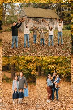 the family is posing for pictures in front of an old barn with leaves all over it