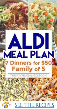 aldi meal plan flyer with pictures of different dishes and the words aldi meals for $ 50