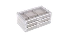 a clear plastic jewelry box with drawers and dividers on the bottom, open to reveal compartments