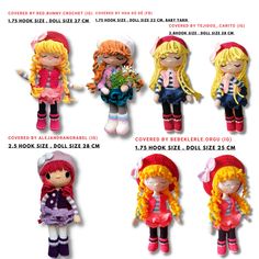 four dolls are shown in different styles and sizes