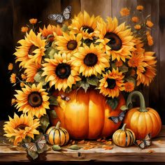 a painting of sunflowers and pumpkins on a table with butterflies around them