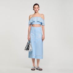 Embroidered maxi skirt | Sandro US Maxi Skirt Blue, Blazer And T Shirt, Spring Sneakers, Sandro Paris, Cardigan Shirt, Embroidered Skirt, Top And Skirt, Blazer With Jeans, Tshirt Skirt