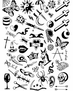 a large collection of tattoos and other designs on a white background, including the symbols for different