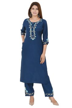 Premium Punjabi Blue Salwar Kameez Bollywood Style | Ethnic Kurti |Festive Wear for women, Embroidered Kurti  SIZING:  S  Kurta - Bust         96.5 cm   |  38"    - Kurta Length: 114.5 cm      | 45"  Palazzo waist      68.5 cm   |  27"     - Palazzo length   99 cm      |  39"  -------------------------------------------------------------------------------------------------- M Kurta - Bust      101.5 cm       |  40"    - Kurta Length: 114.5 cm     | 45"  Palazzo waist     73.5 cm      |  29"    - Blue Straight Kurta With Chikankari Embroidery, Blue Chikankari Embroidered Straight Kurta, Blue Chikankari Embroidery Straight Kurta, Blue Cotton Palazzo Set For Navratri, Semi-stitched Churidar For Diwali, Blue Anarkali Churidar With Floral Embroidery, Embroidered Border Sharara For Eid, Blue Floral Embroidered Anarkali Churidar, Blue Floral Embroidered Churidar For Diwali