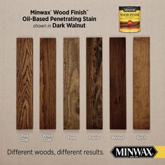 several different types of wood stain in various colors and sizes, including white oak, red oak