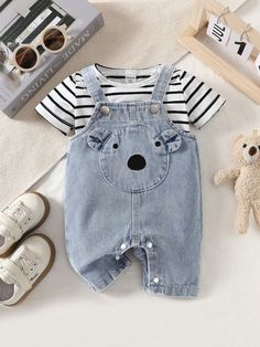 Baby Boy Cartoon Graphic 3D Ear Design Denim Romper Blue   Sleeveless Denim Cartoon,Colorblock,Striped  Non-Stretch  Newborn Baby Clothing, size features are:Bust: ,Length: ,Sleeve Length: Newborn Baby Onesies, Baby Boy Cartoon, Ear Design, Boys Stripes, Boy Onesie, Baby Boy Romper, Baby Boy Onesies, Boys Romper, Denim Romper