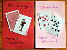 two valentine cards with playing cards on them