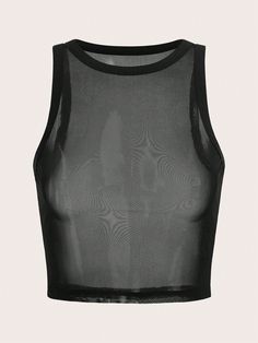 Plus Size Black Knitted Mesh See-Through Tank Top For Summer Black Casual   Knitted Fabric Plain Tank Medium Stretch  Women Plus Clothing, size features are:Bust: ,Length: ,Sleeve Length: Sleeveless Mesh Top, Top Transparente, Mesh Clothing, Knitted Crop Tank Top, Mesh Tank Top, Top Shein, Plus Size Black, Plus Size Tank Tops, Top Tank